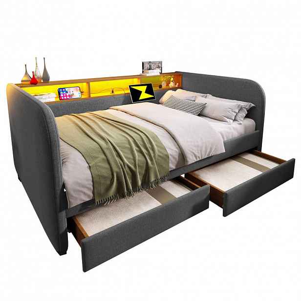 CHICFURN ČALOUNĚNÁ POSTEL 140/190 cm v šedé barvě s LED, USB-C a 2 zásuvkami ze lnu