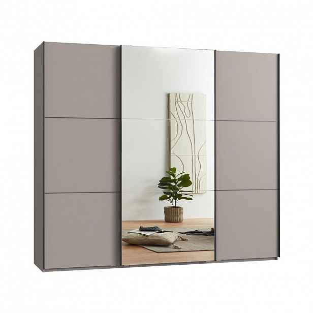 luma-home SKŘÍŇ S POSUVNÝMI DVEŘMI, 3dveřová, 250 × 216 × 65 cm (Š×V×H), v pískově šedé barvě, s jedním zrcadlovým křídlem, včetně kompletního vybaven