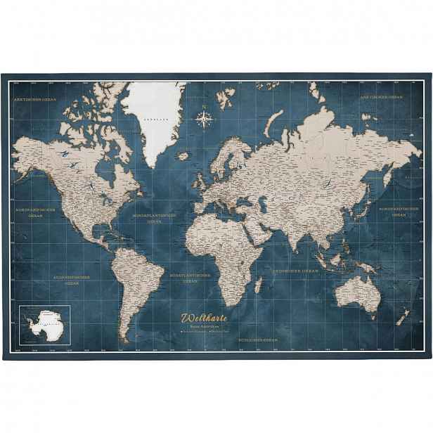 Mapa světa Dekorativní korková tabule, modrá, 120 x 80 cm