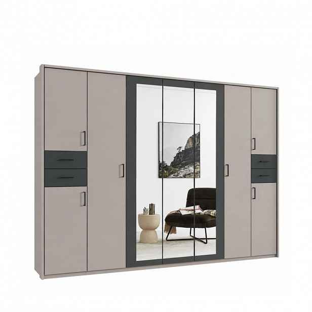 luma-home SKŘÍŇ S OTOČNÝMI DVEŘMI Š313/V210/H58 cm, pískově šedá s grafitovými akcenty, s paspartou, 3 zrcadlovými dveřmi a zásuvkami, černé úchytky /
