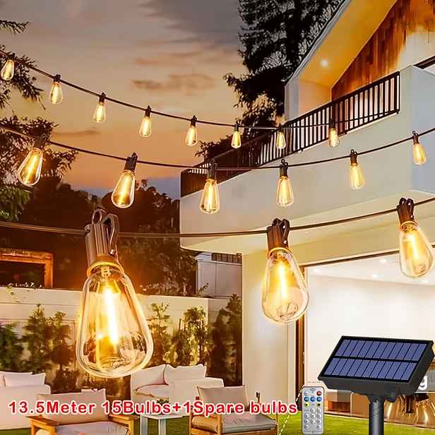 TEMU Venkovní solární světla, 13,5 m/27,7 m ST38 LED solární řetězová světla s nerozbitnou ST38 stmívatelnou kulovou žárovkou, 8 režimů osvětlení