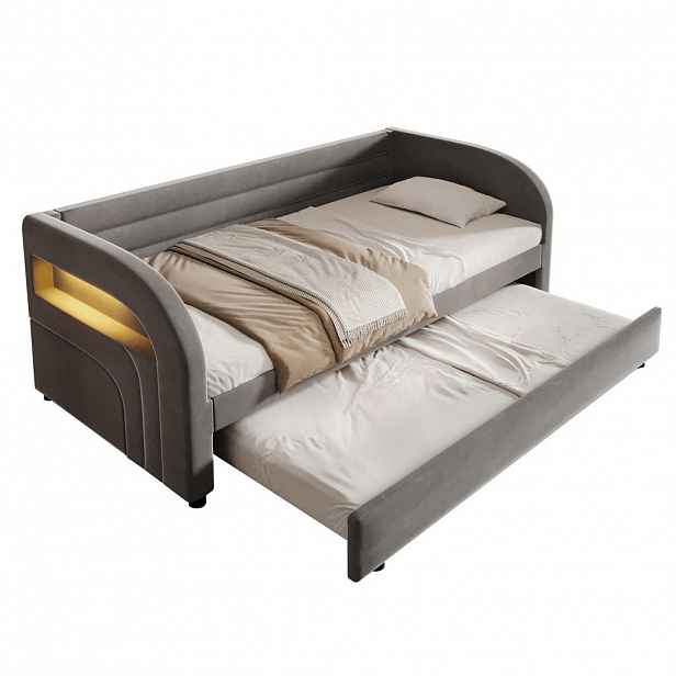 CHICFURN ČALOUNĚNÁ POSTEL 90/200 cm v šedé barvě s výsuvným lůžkem a LED