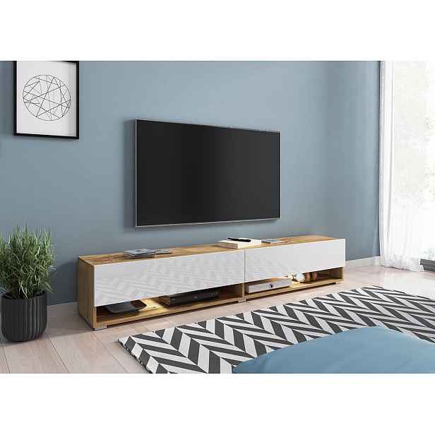 Kvalitní TV stolek Lebeno, wotan/bílý lesk + LED