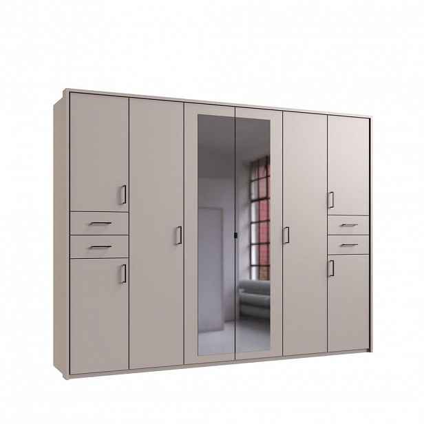 luma-home SKŘÍŇ S OTOČNÝMI DVEŘMI Š273/V210/H58 cm, v béžovo-šedé barvě, s paspartou, 2 zrcadlovými dveřmi a zásuvkami, černé úchytky / 22580
