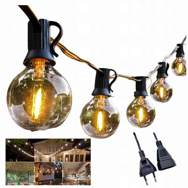 Led Zahradní Girlanda 9m 30x Led Žárovky G40 1W Venkovní Světla Pěkná