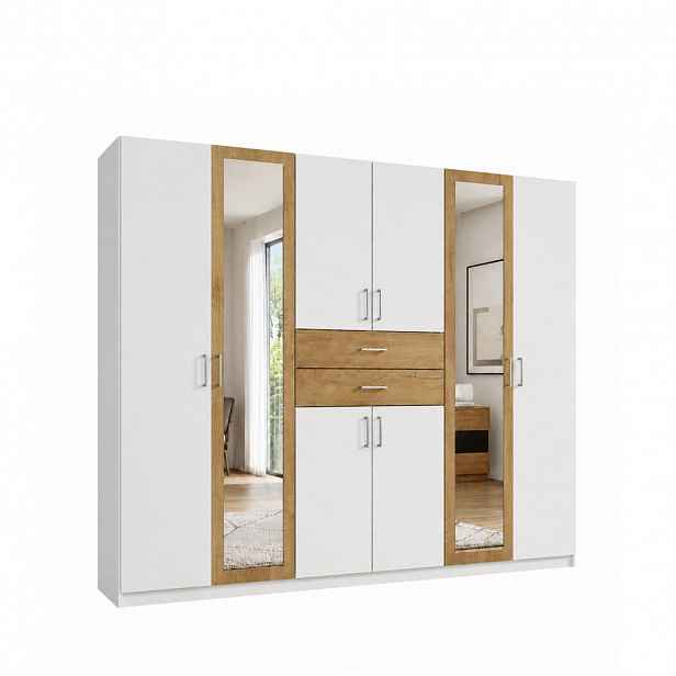 luma-home SKŘÍŇ S OTOČNÝMI DVEŘMI Š270/V208/H58 cm, bílá s akcenty v dekoru dubu, se 2 zrcadlovými dveřmi a zásuvkami / 22595