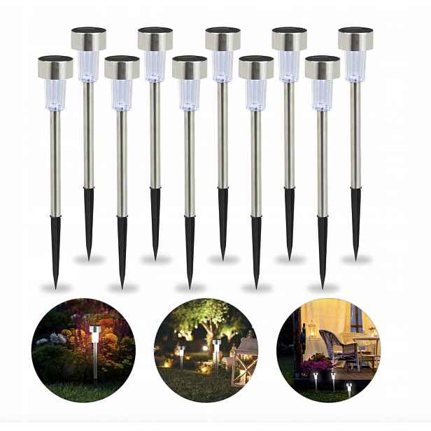 Solární Led zahradní zapichovací lampy, sada 10 kusů, stříbrná barva
