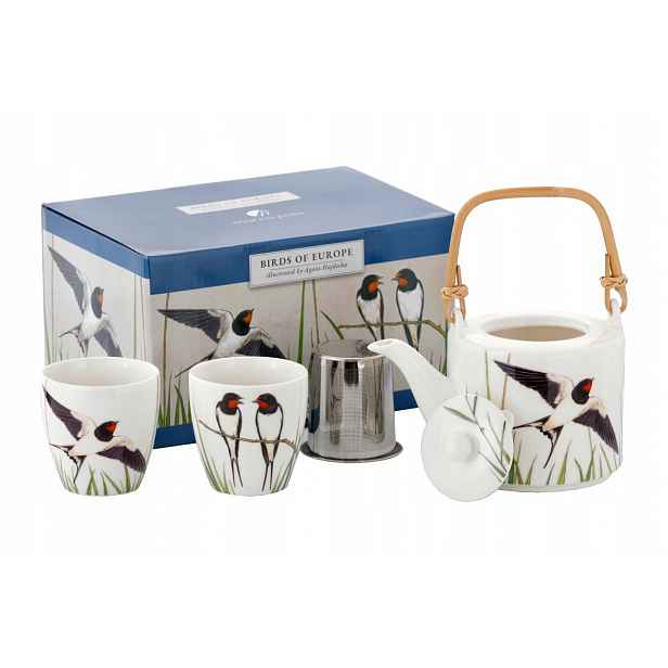 Porcelánový džbán 600 ml sítko 2 šálky 150 ml dýmovnice Polské Ptáci
