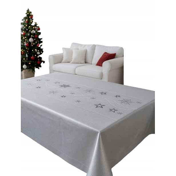 Vánoční ubrus stříbrný 140x300 lesklý elegantní Srebrba Hvězda