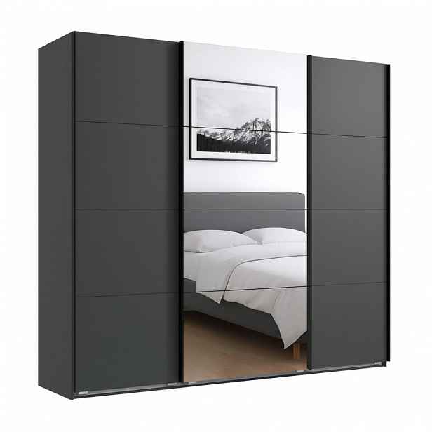 luma-home SKŘÍŇ S POSUVNÝMI DVEŘMI, 3dveřová, šířka 225 cm, výška 208 cm, hloubka 64 cm, v grafitové barvě, s jedním zrcadlovým křídlem / 22519