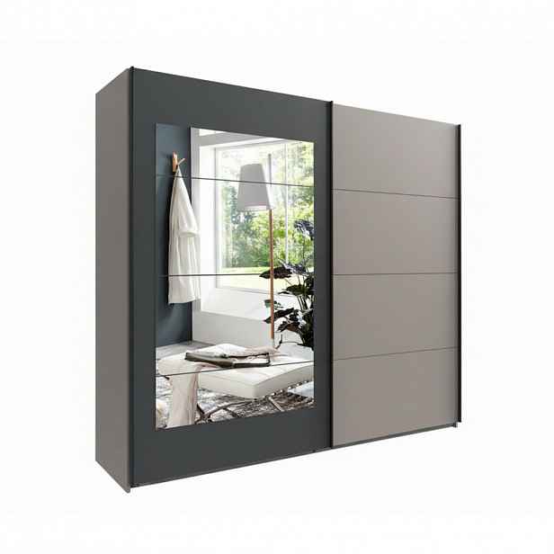 luma-home SKŘÍŇ S POSUVNÝMI DVEŘMI, 2dveřová, 225 × 208 × 65 cm (Š×V×H), v pískově šedé barvě s rámovým zrcadlem na dveřích v antracitové barvě / 2200