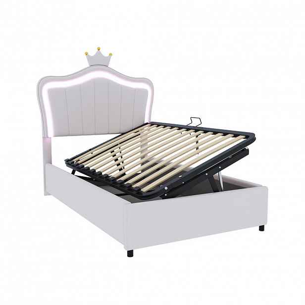 OKWISH DĚTSKÁ čalouněná postel 90/200 cm bílá z ekokůže s LED osvětlením a úložným prostorem