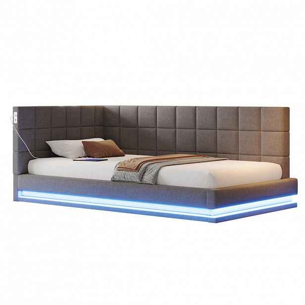 Redom ČALOUNĚNÁ postel 90x200 cm s LED osvětlením, USB portem a lamelovým roštem, šedá