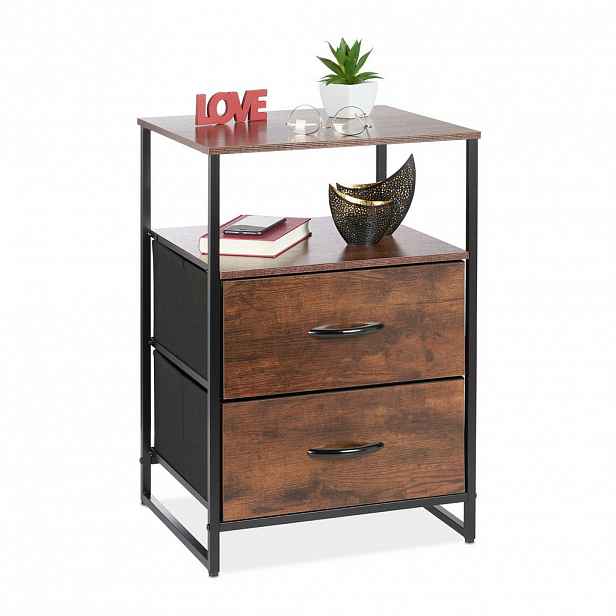 Relaxdays NOČNÍSTOLEK Černá Hnědá Kov MDF 2 zásuvky 70 cm