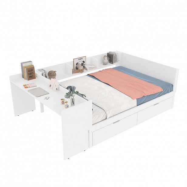 CHICFURN POSTEL 140/200 cm v bílé barvě s psacím stolem, 2 zásuvkami a policemi