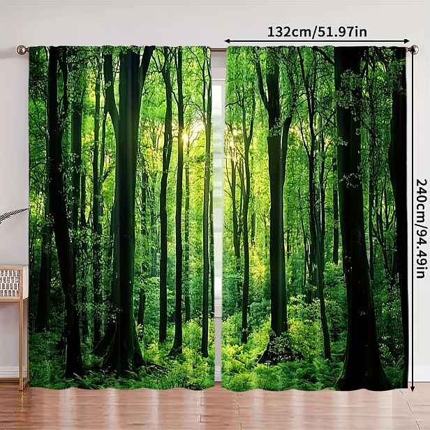 TEMU 2 ks, Zelené lesní celoroční dekorativní závěsy, polyester, vhodné do obýváku, ložnice a kuchyně, snadné zavěšení (bez tyče)