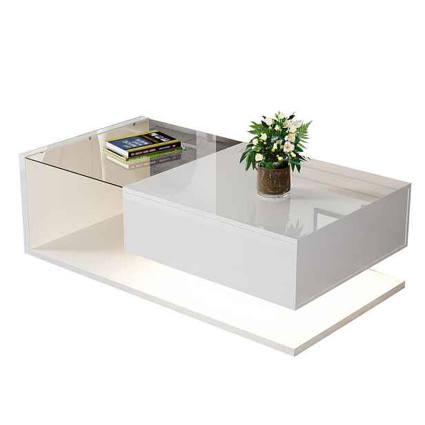 EVRYAE KONFERENČNÍ STOLEK Vysoký lesk Bílá sklo LED 16 barev přihrádka moderní obývací pokoj 105/55 cm