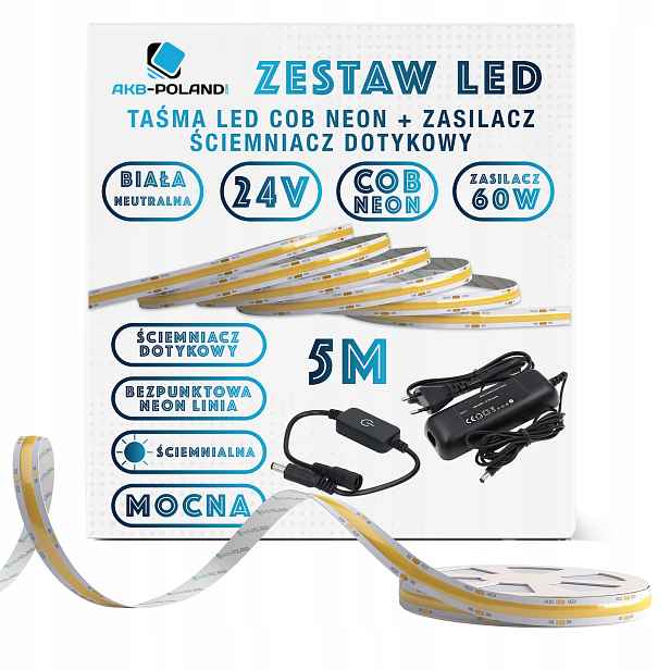 24V Sada Led pásek Cob Neutrální 5M Vypínač