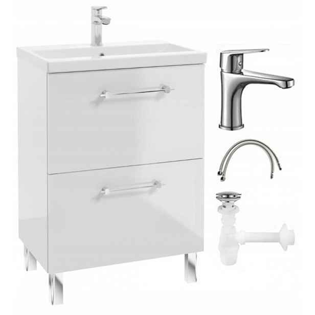 Koupelnová skříňka s umyvadlem a baterií a sifonem 60x80 cm Stojící bílá lesklá