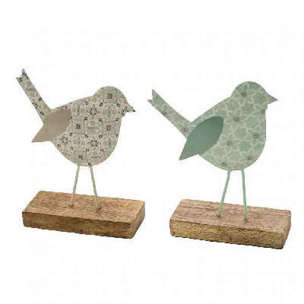 Pták na podstavci dekor ornament kov/dřevo mix 25cm