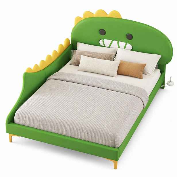 CHICFURN DĚTSKÁ POSTEL 140/200 cm v zelené barvě s dinosauřím čelem z PU