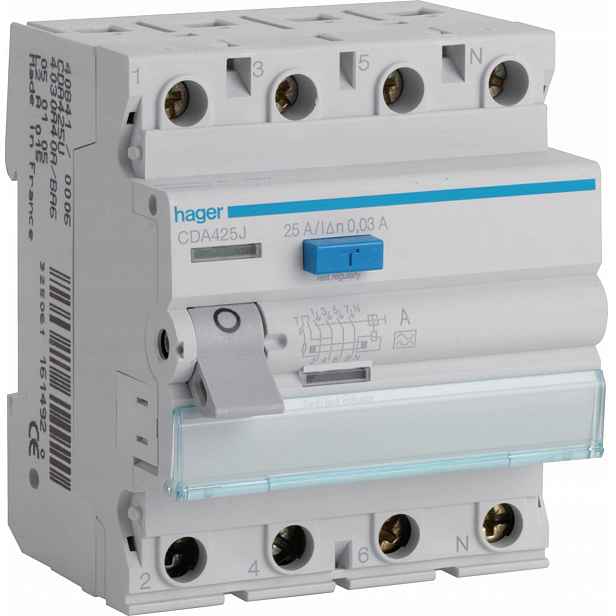 Hager Rccb Proudový Spínač 3P+N 25A 30MA 6KA A CDA425J