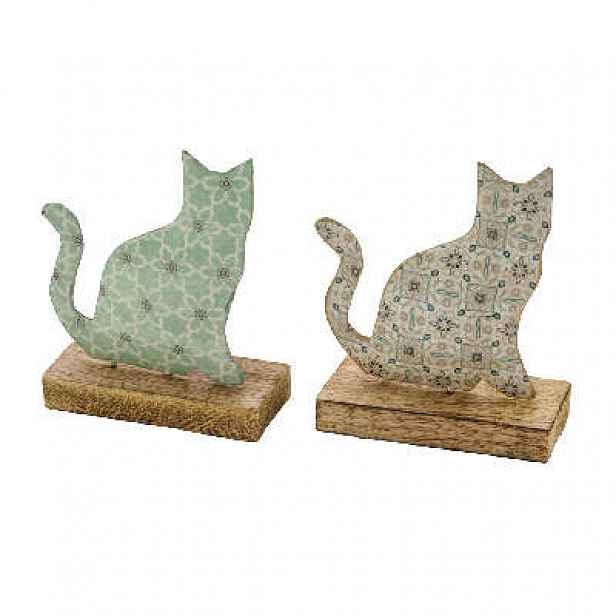 Kočka na podstavci dekor ornament kov/dřevo mix 18cm