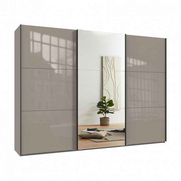 luma-home SKŘÍŇ S POSUVNÝMI DVEŘMI, 3dveřová, 300 × 216 × 65 cm (Š×V×H), v pískově šedé barvě se skleněnými čely, s jedněmi zrcadlovými dveřmi / 22040