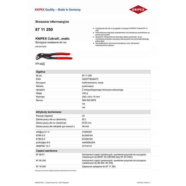 Nastavitelné Kleště Na Trubky Cobra 250 MM