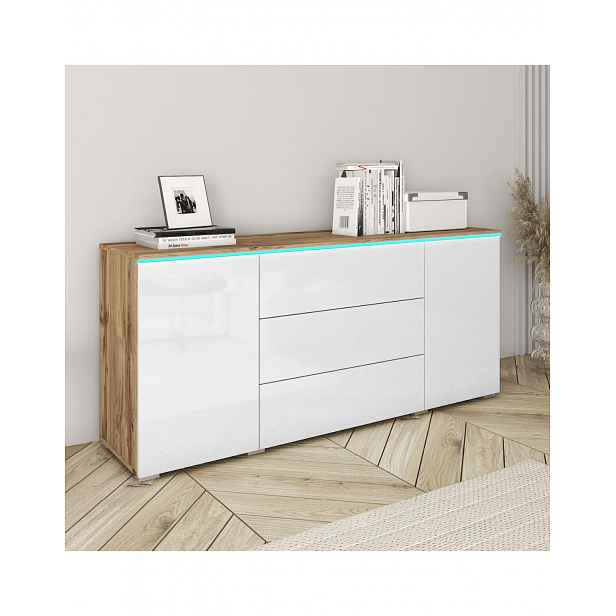 Komoda s LED osvětlením Vera dub wotan / bílý lesk, 150 cm