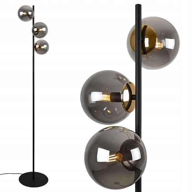 Stojací Lampa Grafitová Skleněná Černá Zlatá Loftová Moderní Koule