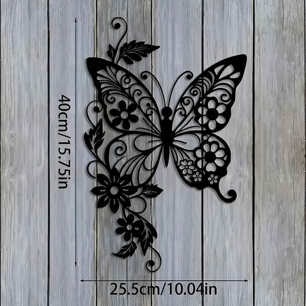 TEMU Elegantní kovová dekorace na zeď ve stylu motýlů, 10.04"x15.75" - Intrikátní květinový černé a zlaté, ideální pro domácí a zahradní dekorace,