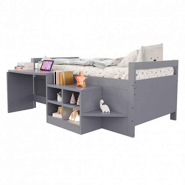 CHICFURN VYVÝŠENÁ POSTEL 90/200 cm v šedé barvě s psacím stolem, úložnými skříňkami a USB