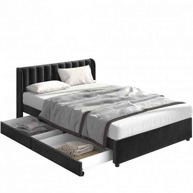 OKWISH ČALOUNĚNÁ postel 180/200 cm černá ze sametu s roštem a 2 zásuvkami