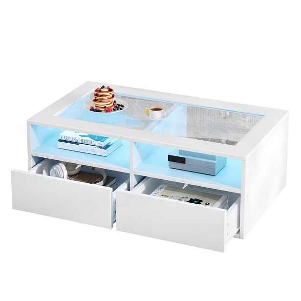 EVRYAE KONFERENČNÍ STOLEK s LED osvětlením, skleněnou deskou, USB připojením, 2 zásuvkami, otevřenými přihrádkami, dřevotříska moderní