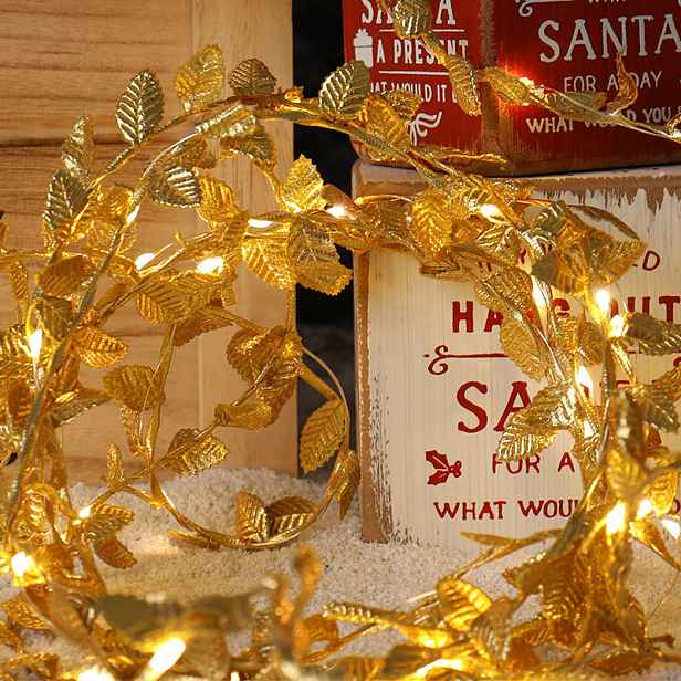 TEMU 6M/60 LED /30 LED Zlaté listové girlandy, pohádková světla, teplé bílé světelné řetězy, na baterie (nejsou součástí balení), elegantní dekorace