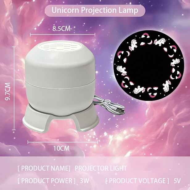 TEMU Kreativní LED dynamický projektor noční světlo, jednorožčí projekční lampa, 360° otočná dynamická projekční stolní lampa, USB připojovací