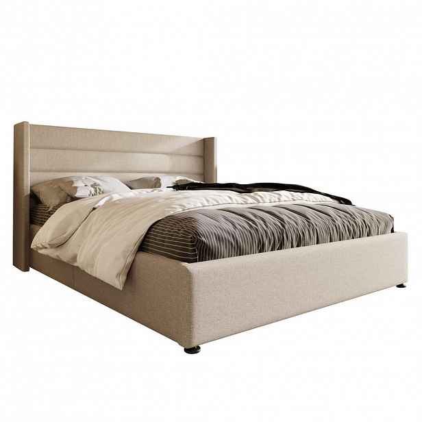 OKWISH ČALOUNĚNÁ postel 160/200 cm béžová z lnu s úložným prostorem a hydraulickým roštem