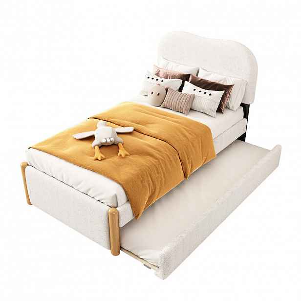 Redom ČALOUNĚNÁ postel 90/200 cm s výsuvným přistýlkovým lůžkem, minimalistický design, plyš a MDF, Bílá