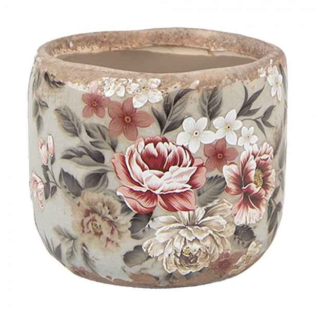 Zelený keramický dekorační květináč s květy Floria XS - Ø 8*7 cm Clayre & Eef