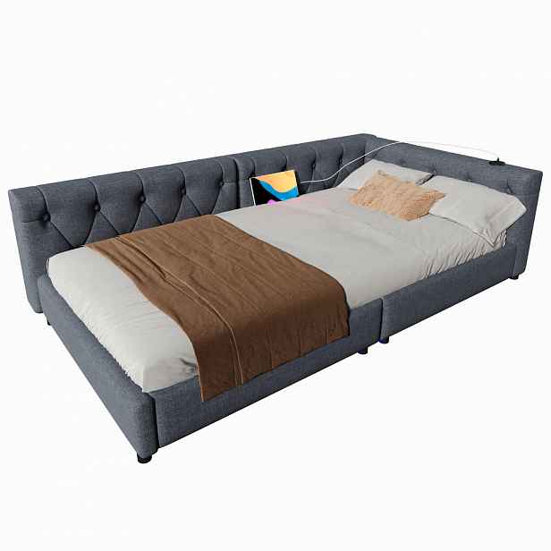 CHICFURN POSTEL 90/200 cm v šedé barvě s LED osvětlením, USB a Type-C