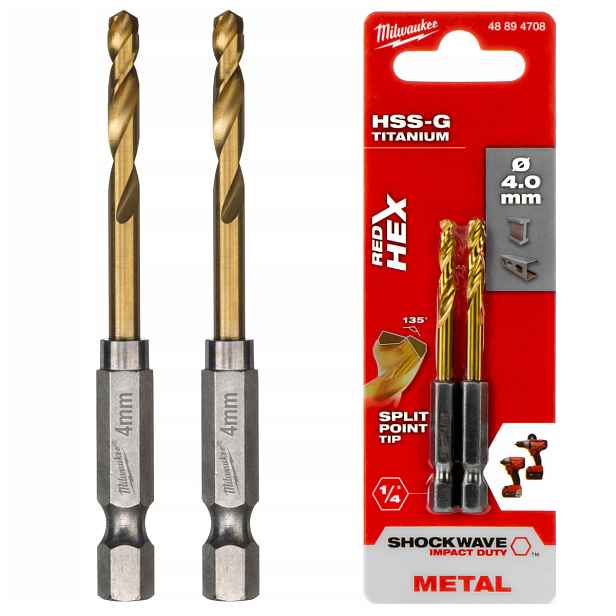 Kovové Vrtáky 4 mm Milwaukee Hss-g Titanové úderové Hex R6 2ks
