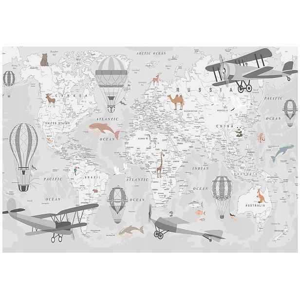 Vinylová fototapeta Mapa světa pro děti Letadla 3D 254x184