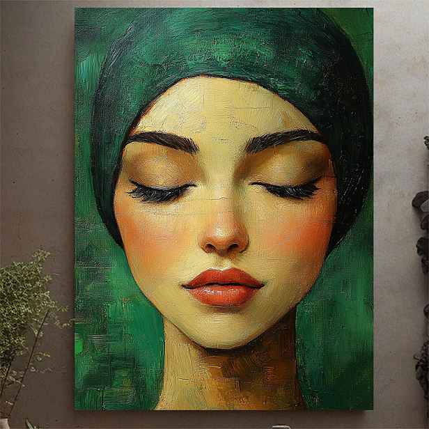 TEMU 1ks Picasso-inspirovaný abstraktní portrét dámy, 12x16" plátno s dřevěným rámem - zelená a hnědá facovaná design, hák pro snadné zavěšení,
