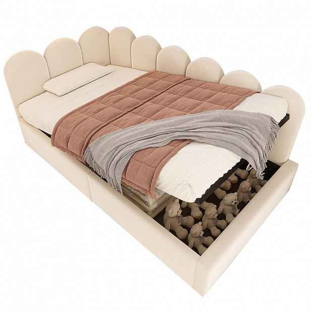 OKWISH DENNÍ postel 90/200 cm béžová ze sametu s úložným prostorem a kovovým roštem