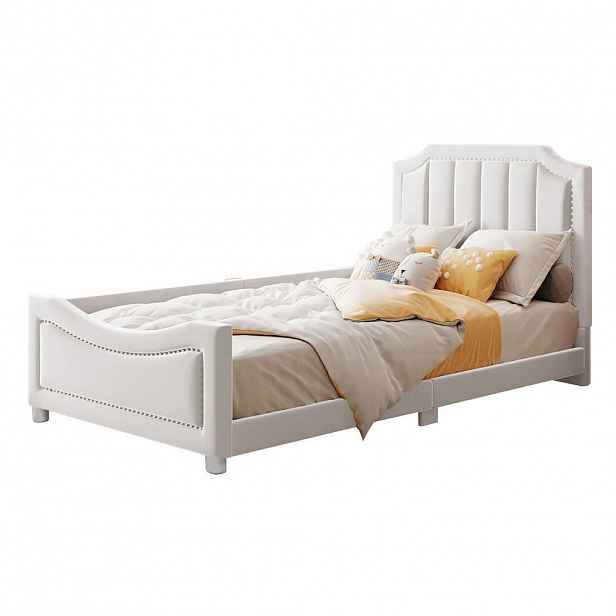 OKWISH DĚTSKÁ postel 90/200 cm béžová z masivního dřeva s flanelem a funkcí pohovky