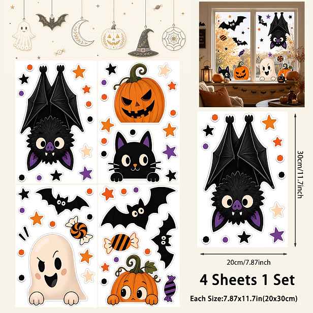 TEMU 4 Halloweenských samolepek na okna pro sklo, Veselý Halloween oboustranné samolepky dekorace do interiéru s dýněmi, duchy, netopýry, kočkou,