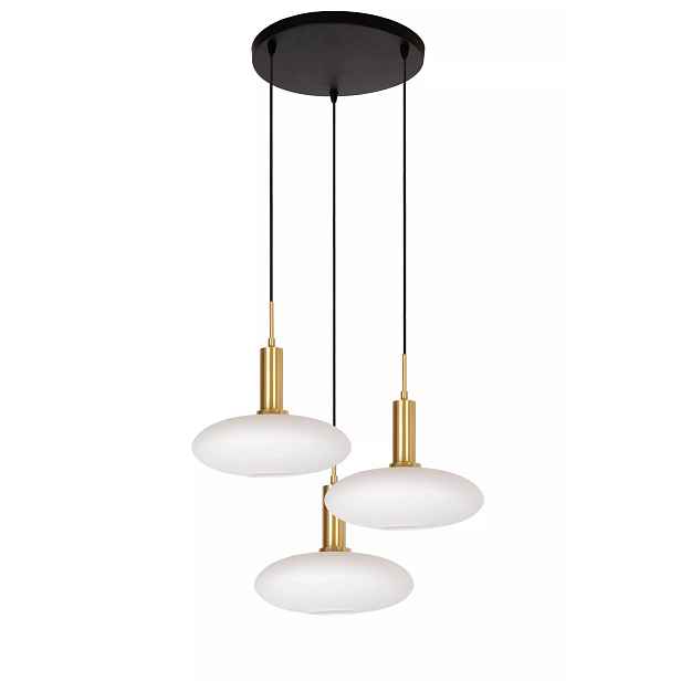 Závěsná lampa trojitá černá zlatá skleněná bílá stínidla kulatá Lucide
