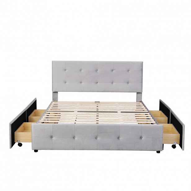 OKWISH ČALOUNĚNÁ postel 140/200 cm šedá z čalouněného materiálu se 4 zásuvkami a roštem