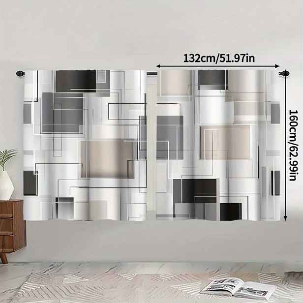 TEMU 2 ks, Hnědé černobílé abstraktní geometrické 2D ploché závěsy pro všechny roční období, polyester, vhodné do ložnic, obývacích pokojů a